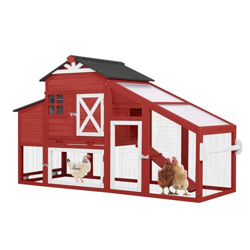 Aivituvin Chicken Coop Mobile Chicken House on Wheels Expandable Wooden Poultry Cage with Large Nesting Box Leakproof Pull-Out Tray Rabbit Hutch Bunny Cage,UV-Resistant Roof - size: Red 73.38"L x 27.9"W x 43.2"H