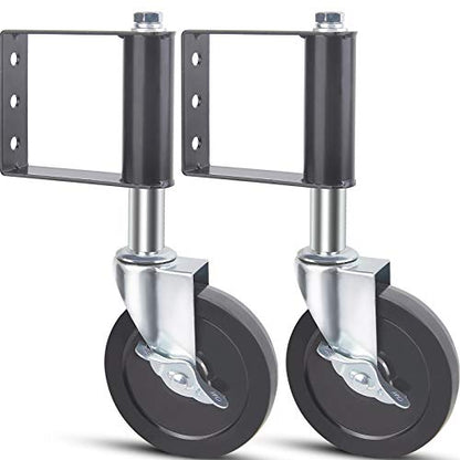 Ronlap Gate Wheels for Wooden Gate, Gate Caster Wheel Spring Loaded for Metal Tube Swing Gate Fence Gate Wheel for Gates Heavy Duty Farm Vinyl Gate Rollers, 250 Lbs, 5 Inches with Brake, 2 Pack, Black - style: 5 Inches With Brake