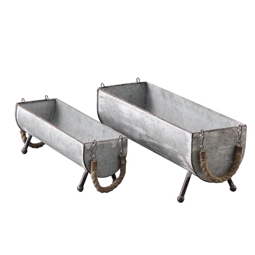 SOFE Poultry Feeder Galvanized Metal Chicken Feeder Set of 2, Farmhouse Chicken Picnic Table Feeder, Chicken Planter, Decorative Galvanized Tray Trough Shaped, 15 and 13 Inches Long