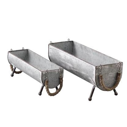 SOFE Poultry Feeder Galvanized Metal Chicken Feeder Set of 2, Farmhouse Chicken Picnic Table Feeder, Chicken Planter, Decorative Galvanized Tray Trough Shaped, 15 and 13 Inches Long