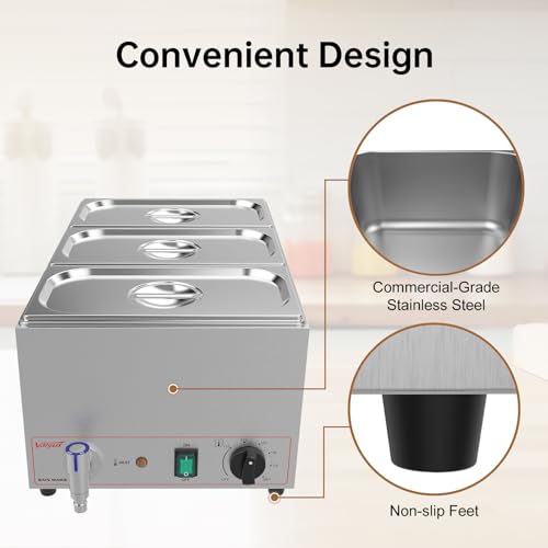 Valgus 3 Pan 17QT Commercial Bain Marie, Stainless Steel Food Warmer | 900W adjustable temp,auto boil dry shut-off,3 lids included,drain tap,easy clean,for restaurant catering buffet banquet - size: 3 Sections with Tap