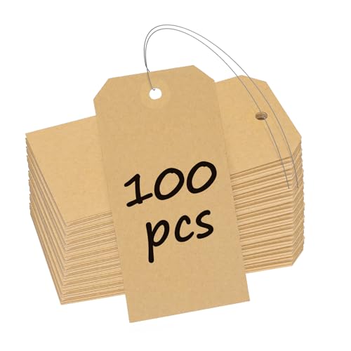 Uniclife 100 Pcs Blank Shipping Tags with Wire Attached 4.7 Inch Writable Brown Kraft Paper Hang Tags with Reinforced Eyelet Large Marking Price Tag Inventory Label Tag, 4.7" L x 2 3/8" W - color: Brown, size: 100 PCS
