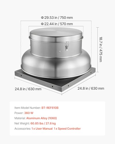 VEVOR Roof Exhaust Fan, 3000CFM & 3900CFM Adjustable Speed Control Attic Vent Fan with High-Power Motor, 24.8inch Fan Base Heavy-Duty Aluminum Alloy, Compact for Garage,Kitchen,Bathroom,Silver - size: 3000CFM & 3900CFM
