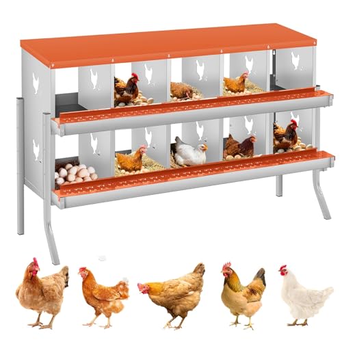 10 Compartment Chicken Nesting Boxes, Metal Roll Away Egg Laying Boxes with Removable Tray & Lid Cover, Chicken Coop Nest Box for Hens, Egg Protection Design (with Legs) Red - color: Orange, size: 10 hole - with leg