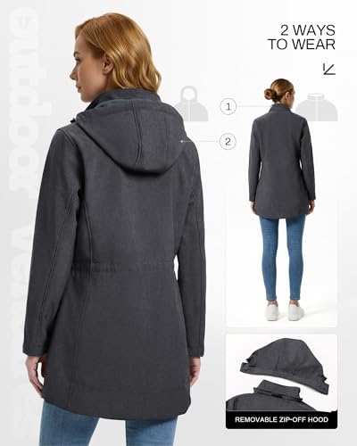Outdoor Ventures Women's Softshell Jacket with Removable Hood Fleece Lined Windbreaker Insulated Long Warm Rain Jacket - color: Dark Grey Heather, size: XX-Large
