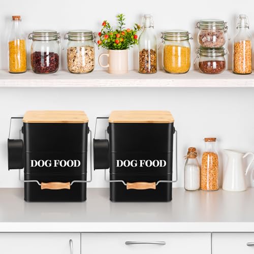 Tioncy 2 Pcs Metal Dog Food Storage Containers Total 10-14 Lbs (50 Cup) Capacity, Airtight Pet Food Canister with Bamboo Lids Scoop DIY Labels Dog Treat Storage Jars for Kitchen Counter(Matte Black) - color: Matte Black