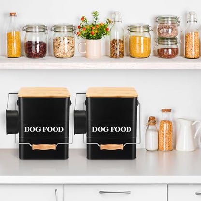 Tioncy 2 Pcs Metal Dog Food Storage Containers Total 10-14 Lbs (50 Cup) Capacity, Airtight Pet Food Canister with Bamboo Lids Scoop DIY Labels Dog Treat Storage Jars for Kitchen Counter(Matte Black) - color: Matte Black
