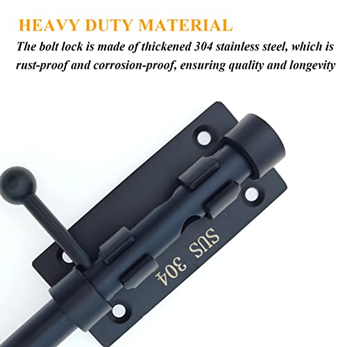 6in Slide Bolt Gate Latch 304 Stainless Steel Barrel Bolt Latch Heavy Duty Door Security Lock Thickened Door Latches Hardware with Mounting Screws for Barn Fence Shed Basement - color: 6in Black