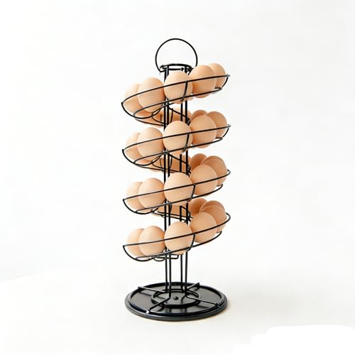 Egg Holder Countertop, Black Metal Spiral Egg Skelter Dispenser Rack with 360° Rotating Design, Farmhouse Egg Storage Display, Wide Stable Base Kitchen Organizer for Fresh Eggs