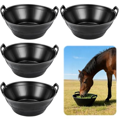 4Pcs Rubber and Plastic Feed Pan with Handle, 3 Gallon / 12 Quart Plastic Feed Pan Utility Horse Feed Bucket for Cats Dogs Goats Chicken Dust Bath Container Animal Feeding Watering Bowl