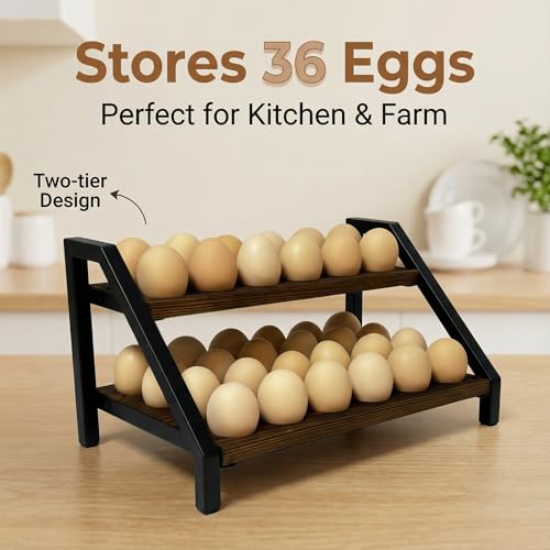 2-Tier Fresh Egg Holder Countertop, Wooden & Metal with Handle, 36 Eggs Capacity for All Kitchen Styles