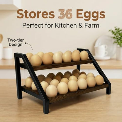 2-Tier Fresh Egg Holder Countertop, Wooden & Metal with Handle, 36 Eggs Capacity for All Kitchen Styles
