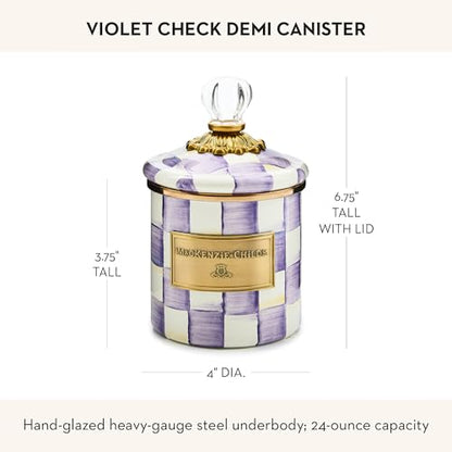MACKENZIE-CHILDS Enamel Canister, Versatile Kitchen Storage Container for Flour and Sugar, Demi, 24-Ounce Capacity, Purple-and-White Violet Check - color: Violet Check
