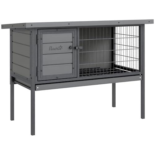 PawHut Rabbit Hutch Elevated Bunny Cage Small Animal Habitat with Metal Frame, No Leak Tray, Metal Wire Pan and Openable Water-Resistant Asphalt Roof for Indoor/Outdoor Gray - color: Gray