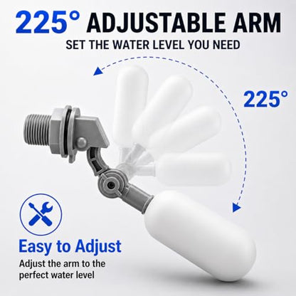 2 Pack 1/2 Inch Straight Thread Auto Fill Float Valve, Automatic Water Level Control Valve with 225° Adjustable Arm for Water Tank, Pond, Chicken Waterer, Livestock Trough