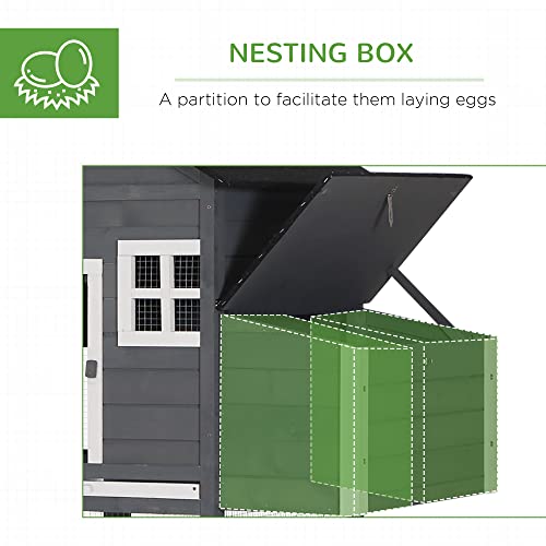 PawHut 84" Wooden Chicken Coop, Hen House Outdoor with Run Nesting Box, Asphalt Roof, Removable Tray, Ramp, Poultry Cage for 2-3 Chickens, Gray - color: Gray