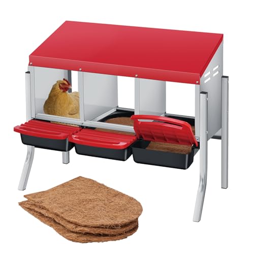 GarveeLife Chicken Nesting Box with Nesting Pads, Galvanized Steel Nest with Roll Away Egg Collection & Swing Perch, Easy-Clean Laying Box for Hens, Heavy Duty Design for Chicken Coop - color: Nesting Pads, size: 3 holes with legs