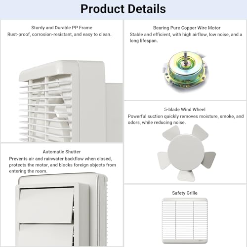 8 Inch Wall Mounted Shutter Exhaust Fan with Automatic Shutter, 177 CFM Quiet Powerful Plug in Wall Exhaust Fan, Window Extractor Ventilation Fan for Bathroom, Attic, Garage, Shed, 25W, White - size: 8 Inch