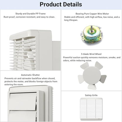 8 Inch Wall Mounted Shutter Exhaust Fan with Automatic Shutter, 177 CFM Quiet Powerful Plug in Wall Exhaust Fan, Window Extractor Ventilation Fan for Bathroom, Attic, Garage, Shed, 25W, White - size: 8 Inch