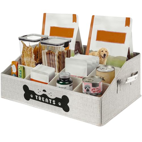 Dog Treat Container, Dogs Storage Organizer with Removable Dividers, Collapsible Dogs Treat Holder for Countertop, Trapezoid Pet Treats Containers, Dog Toy Basket with PU Handles, Large, Gray - color: Gray, size: Large (10 compartments)