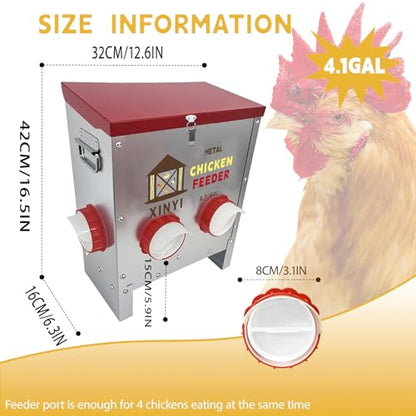 25lbs Metal Chicken Feeder, 4 Ports Galvanized Feeder, Goat Proof Auto Chicken Feeder, Weatherproof Chicken Food Dispenser System for Outdoor Coop,4.1 Gallon - size: 4 ports
