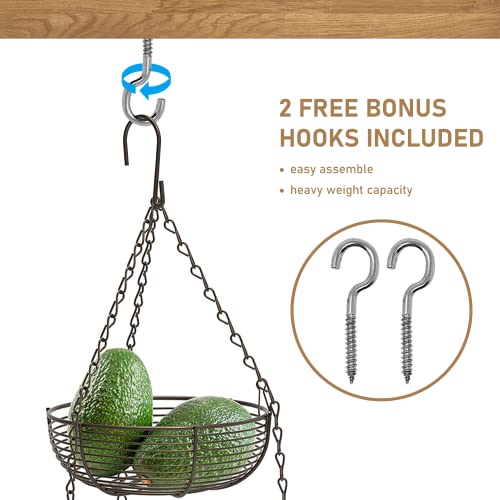 CAXXA 3-Tier Hanging Basket Fruit Organizer Kitchen Heavy Duty Wire Organizer with 2 Free Bonus Metal Ceiling Hooks(Bronze) - color: Bronze