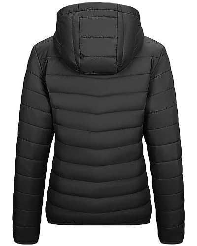 Outdoor Ventures Women's Packable Lightweight Full-Zip Puffer Jacket with Hood Quilted Winter Coat - color: Black New(fold in Pocket), size: Large