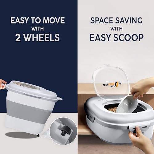Dog Food Storage Container 30-35 lb, Airtight Collapsible Cute Dog Food Container with Wheels & Scoop, Stackable Pet Food Storage Container for Dog & Cat Food - color: Grey & White