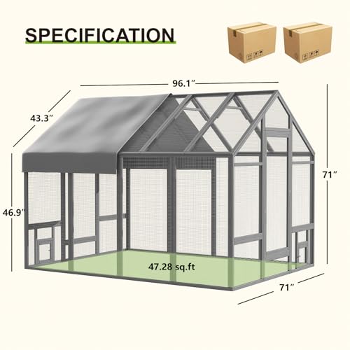 Chicken Coop for10-12 Chickens, Large Wooden Chickens Run, Outdoor Walk in Poultry Cage Duck Runs for Yard with Cover & Chicken Vegetable Feeder,Chicken House for Outside Farm Backyard - size: 96.1" x 71" x 71"