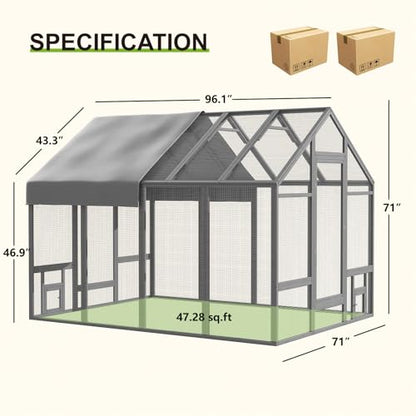 Chicken Coop for10-12 Chickens, Large Wooden Chickens Run, Outdoor Walk in Poultry Cage Duck Runs for Yard with Cover & Chicken Vegetable Feeder,Chicken House for Outside Farm Backyard - size: 96.1" x 71" x 71"