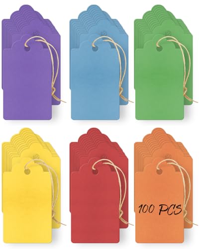 Uniclife 100 Pcs Paper Tags with String 6 Colors Writable Price Tags with Jute Twine Colored Hang Tags for DIY Crafts Christmas Birthday Clothing Blank Marking Tags, 2 3/4" x 1 1/2" - color: Multicolored