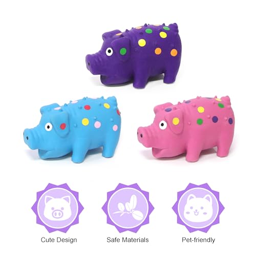 Squeaky Pig Dog Toys 3-Pack, Interactive Latex Piggy Chew Toys Set with Squeak Sounds for Teething Puppy, Small, Medium Dogs (Blue+Pink+Purple)
