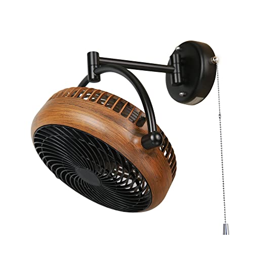 Wall Mount Fan with Folding Arm 10 Inch Small RV Wall Fan Quiet Oscillating | Quiet Wall Mounted Fans with Pull Chain, 2-Speed Outdoor Porch Fans for Bedroom Living Room Bathroom Garage, Black and Walnut - color: Walnut