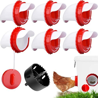 Chicken Feeder Port Kit –6 Pack Automatic Poultry Feeder Cups for Buckets & Bins, No Waste Rainproof DIY Chicken Feeders for Hens, Ducks & Other Poultry - size: 6-Pack