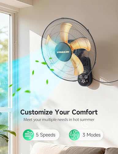 VAGKRI 16 Inch Wall Mount Fan, Quiet Oscillating Fan with Remote, 5 Speeds, 8-Hour Timer, 90° Oscillation, Ideal for Home, Office, Bedroom, Garage, Black
