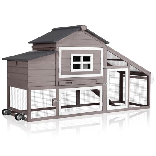 Large Wooden Chicken Coop Mobile Poultry Cage Hen House with Wheels, Nesting Box, Leakproof Pull-Out Tray, Weatherproof Roof for 3-5 Chickens, 72.3" L x 26" W x 39.4" H (Brown)