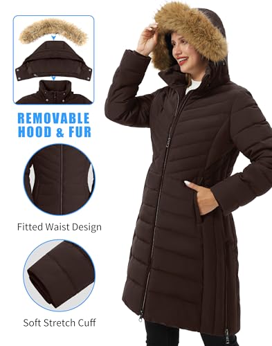 Pioneer Camp Women's Winter Coats Warm Thicken Long Puffer Jacket Waterproof Quilted Parka with Removable Faux Fur Hood - color: Coffee Brown, size: XX-Large