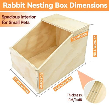 Wooden Rabbit Nesting Box, Small Animal Hutch Hideout, Breeding Shelter & Burrow Den Alternative for Rabbits, Guinea Pigs, Chinchillas or Other Small Pets(16x11x11 in)