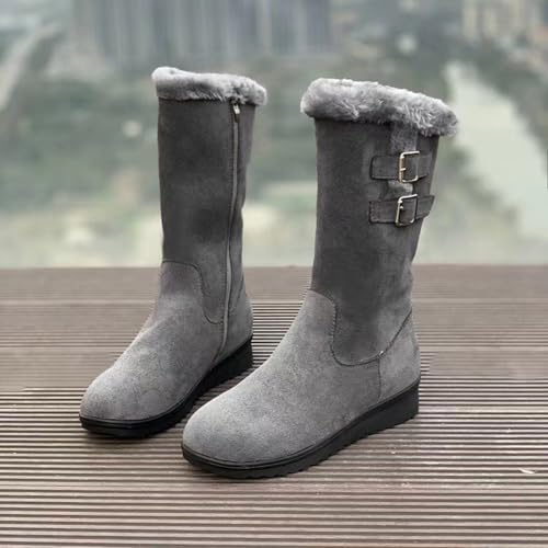Women's Mid Length Boots Suede Snow Boots Metal Buckle Furry Wedges Booties Outdoor Thick Insulation Warm Plus Fleece shoes - color: Grey, size: 9.5