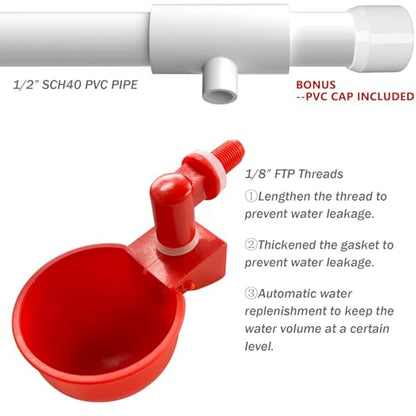 Chicken Water Cups for PVC with Tee (8 Pack), Automatic Chicken Waterer Kit for Poultry, DIY PVC Water Feeder for Chicken/Duck/Quail/Turkey
