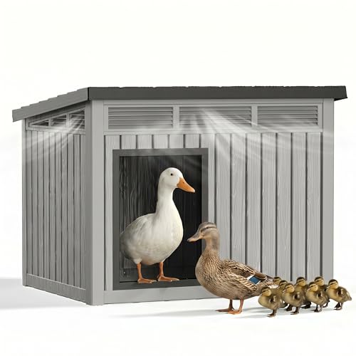 VIXZEN Chicken Coop, Resin PP Material Outdoor Duck House, Wood Grain Finish Sloped Roof Poultry Shelter, Gas Strut Top Opening Ventilated Duck Coop with Spacious Interior & Easy Assembly，Gray - color: Grey, size: 32.2"L x 25.1"W x 24.1"H
