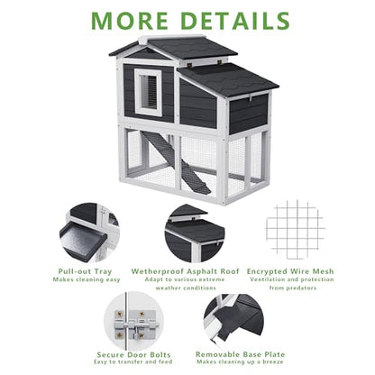 Wooden Rabbit Hutch Indoor,2 Story Bunny House All Weather Use Chicken Duck Coop Small Animal Run Cage with Removable Tray Wire Fence Lockable Doors and Ramp (White) - color: White