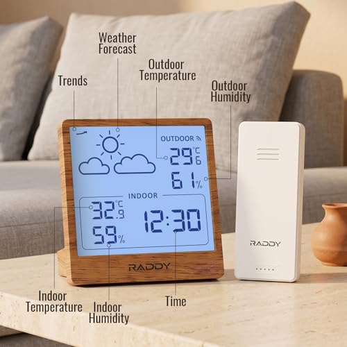 Raddy WF-50T Indoor Outdoor Thermometer Hygrometer Wireless Weather Station, Battery Powered Temperature & Humidity Monitor with 5.0’’ Display, Weather Forecast, Wireless Remote Sensor, Dark Wood