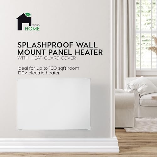 EconoHome Wall Mount Space Heater Panel with Heat Guard - 250 Watt Splashproof Convection Heater with Thermostat - Ideal for 100 Sqf Room or Bathroom - 120V Electric Heater - Updated Model - size: 250W