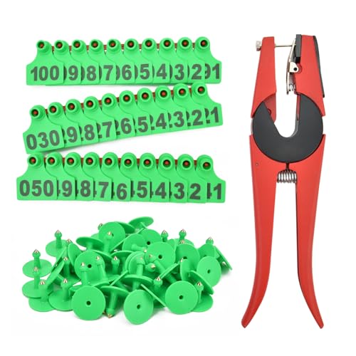 Pig Ear Tags 001-100 Number Plastic Livestock Tag with Punch Applicator Plier Tools for Farm Animal Sheep Goat Deer Ear, 100pcs Green - color: Green, size: Pig Ear Tags
