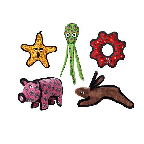 TUFFY - World's Tuffest Soft Dog Toy - Ocean Starfish - Squeakers - Multiple Layers. Made Durable, Strong & Tough. Interactive Play (Tug, Toss & Fetch). Machine Washable & Floats (Combo Pack #1) - color: Multi-Color Starfish Pig Squid Rabbit Gear Ring