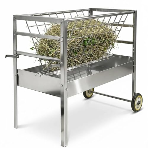 Heavy Duty Wheeled Hay Feeder, 45" Long Stainless Steel 2 in 1 Hay Grain Water Feeder, Mobile Livestock Hay Rack for Goats Sheep Horses Cattle Cows Outdoor Farm Ranch Use