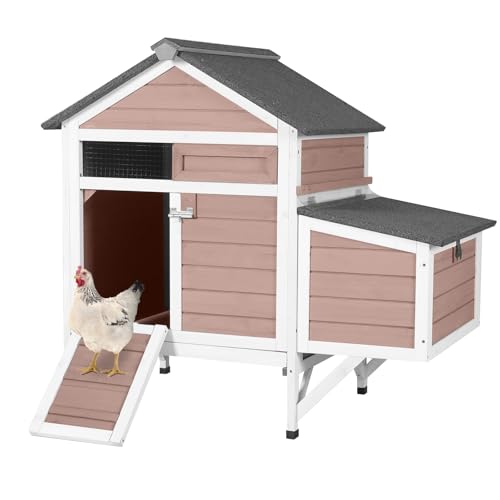 Small Chicken Coop with 2 Nesting Boxes, Wooden Hen House for 1-2 Chickens, Waterproof Asphalt Roof Poultry Hutch with Wildlife-Proof Latches, Roosting Bar and 4 Ground-Clearing Legs - color: Brown