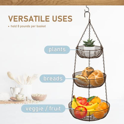CAXXA 3-Tier Hanging Basket Fruit Organizer Kitchen Heavy Duty Wire Organizer with 2 Free Bonus Metal Ceiling Hooks(Bronze) - color: Bronze
