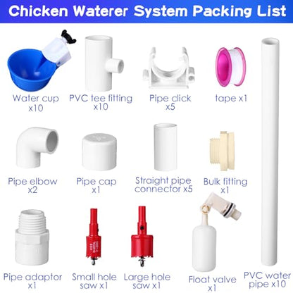 49 Pcs Automatic Chicken Waterer System Includes Chicken Water Cups 1/2" PVC Tee Fittings, PVC Pipes with Float Valve Controlled Fitting Poultry Waterer Chicken Water Feeder